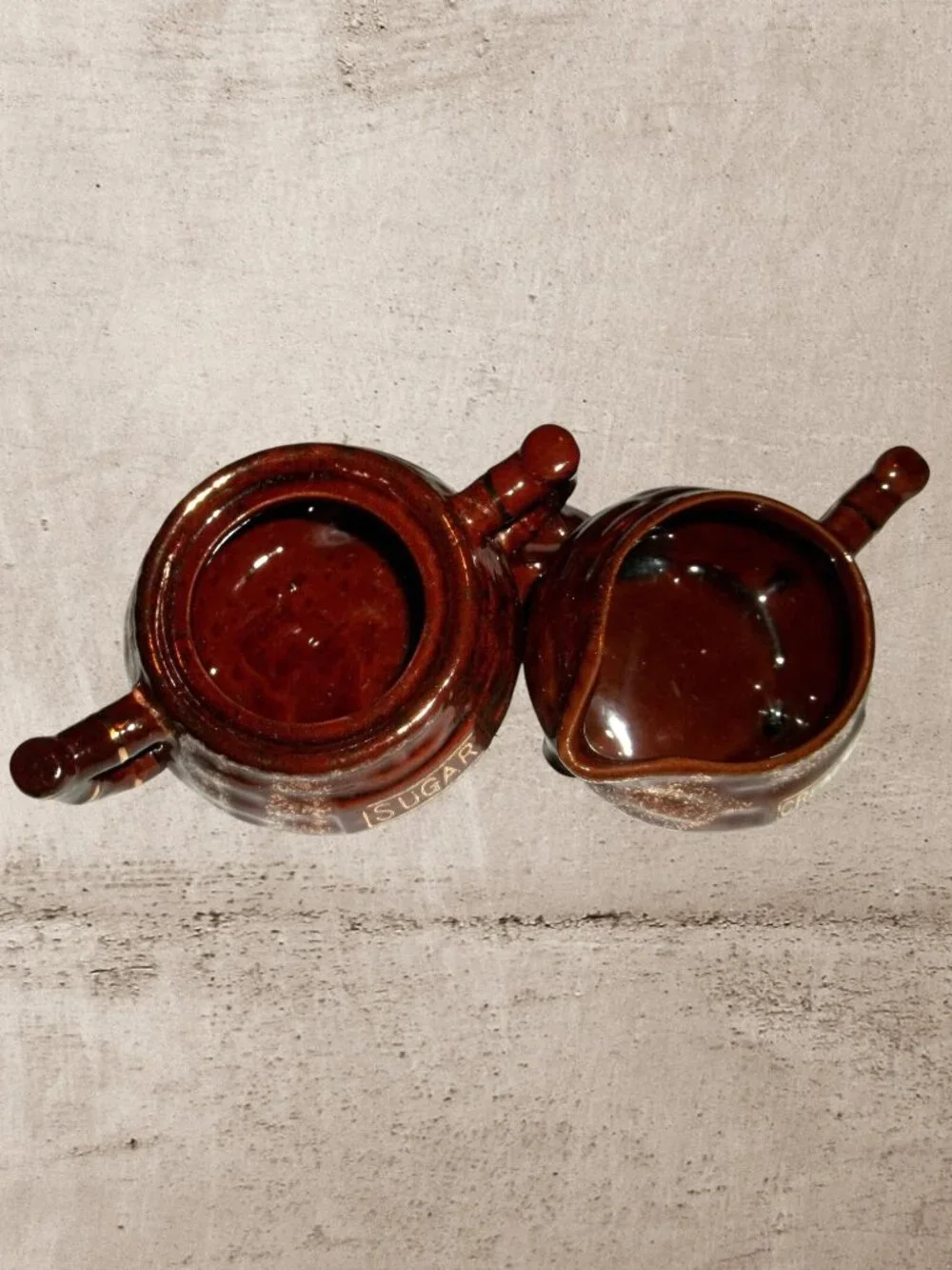 VTG 1950s Japanese Redware Brown Drip Glaze Pot Belly Cream & Sugar Set T5